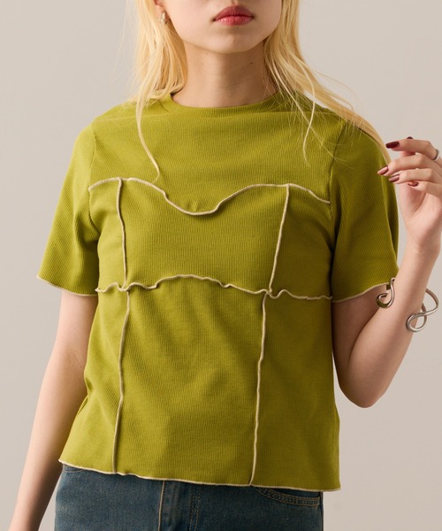 MAGASIN DE MODE Onjna(マガジンデモードオンジェナ )の「【MAGASIN DE MODE Onjna】Cut rib color scheme mellow pull over / カットリブ配色メロープルオーバー 半袖ニット ハーフスリーブニット DTK(Tシャツ/カットソー・レディース・アイボリー/ブラック/グリーン/ブラウン・FREE)」の4枚目の写真