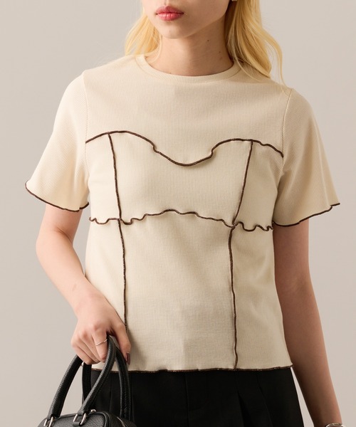 MAGASIN DE MODE Onjna(マガジンデモードオンジェナ )の「【MAGASIN DE MODE Onjna】Cut rib color scheme mellow pull over / カットリブ配色メロープルオーバー 半袖ニット ハーフスリーブニット DTK(Tシャツ/カットソー・レディース・アイボリー/ブラック/グリーン/ブラウン・FREE)」の9枚目の写真