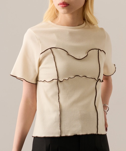 MAGASIN DE MODE Onjna(マガジンデモードオンジェナ )の「【MAGASIN DE MODE Onjna】Cut rib color scheme mellow pull over / カットリブ配色メロープルオーバー 半袖ニット ハーフスリーブニット DTK(Tシャツ/カットソー・レディース・アイボリー/ブラック/グリーン/ブラウン・FREE)」の8枚目の写真