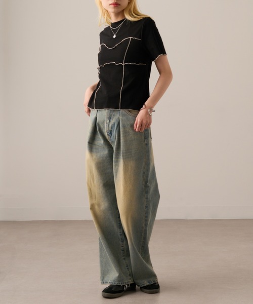 MAGASIN DE MODE Onjna(マガジンデモードオンジェナ )の「【MAGASIN DE MODE Onjna】Cut rib color scheme mellow pull over / カットリブ配色メロープルオーバー 半袖ニット ハーフスリーブニット DTK(Tシャツ/カットソー・レディース・アイボリー/ブラック/グリーン/ブラウン・FREE)」の18枚目の写真