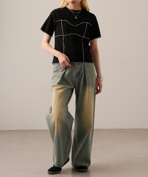 MAGASIN DE MODE Onjna(マガジンデモードオンジェナ )の「【MAGASIN DE MODE Onjna】Cut rib color scheme mellow pull over / カットリブ配色メロープルオーバー 半袖ニット ハーフスリーブニット DTK(Tシャツ/カットソー・レディース・アイボリー/ブラック/グリーン/ブラウン・FREE)」の17枚目の写真