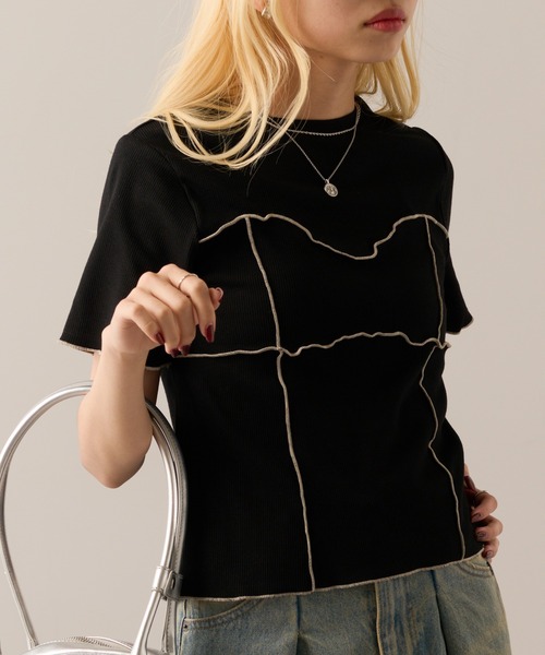MAGASIN DE MODE Onjna(マガジンデモードオンジェナ )の「【MAGASIN DE MODE Onjna】Cut rib color scheme mellow pull over / カットリブ配色メロープルオーバー 半袖ニット ハーフスリーブニット DTK(Tシャツ/カットソー・レディース・アイボリー/ブラック/グリーン/ブラウン・FREE)」の15枚目の写真