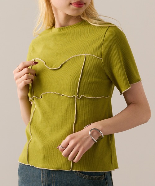 MAGASIN DE MODE Onjna(マガジンデモードオンジェナ )の「【MAGASIN DE MODE Onjna】Cut rib color scheme mellow pull over / カットリブ配色メロープルオーバー 半袖ニット ハーフスリーブニット DTK(Tシャツ/カットソー・レディース・アイボリー/ブラック/グリーン/ブラウン・FREE)」の5枚目の写真