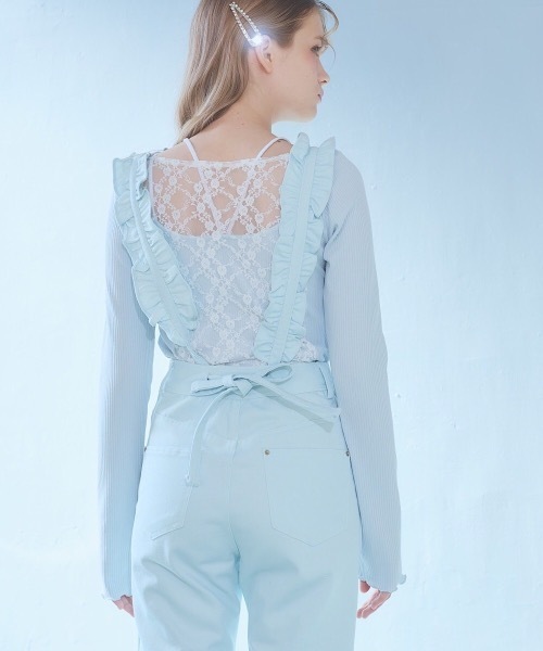 lilLilly（リルリリー）の「フリルデニムオールインワン（デニムパンツ・レディース・インディゴブルー/ホワイト/ミント・SMALL/MEDIUM）」の3枚目の写真