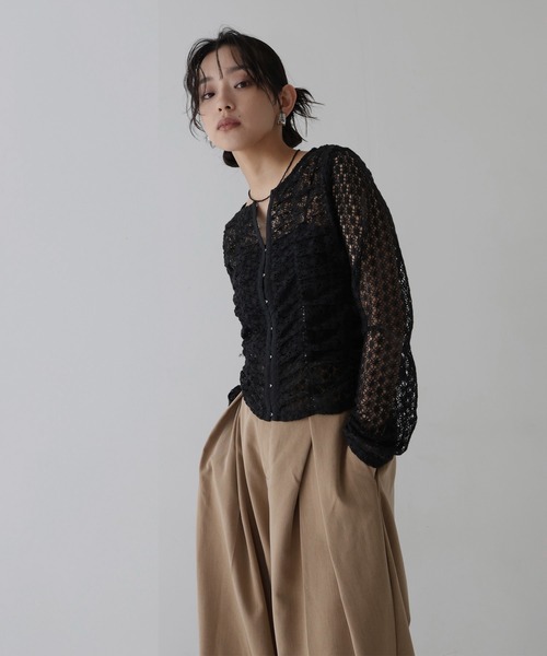 美品　レオナール　シアーカーディガン　ブラックM ヘムラインに透かし模様 セール】シアーZIPニットカーディガン/ 透かし編みニット