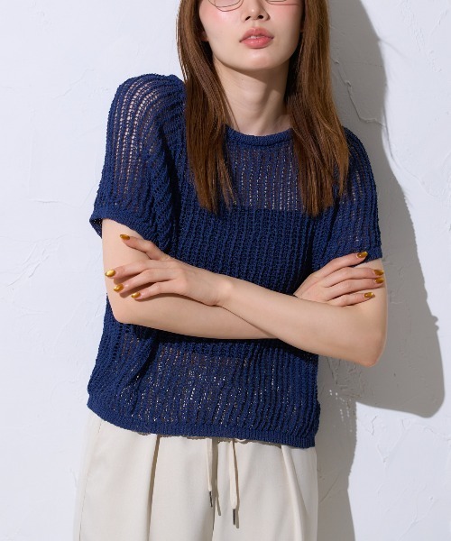 TRIANGLE PALETTE(トライアングルパレット)の「半袖透かし編みニット(Tシャツ/カットソー・レディース・ブラック/ライトグリーン/ブラウン/ホワイト/ネイビー・FREE)」の1枚目の写真