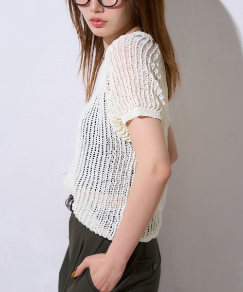 TRIANGLE PALETTE(トライアングルパレット)の「半袖透かし編みニット(Tシャツ/カットソー・レディース・ブラック/ライトグリーン/ブラウン/ホワイト/ネイビー・FREE)」の16枚目の写真