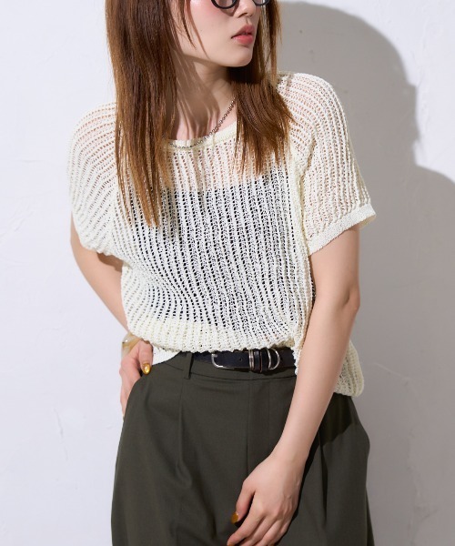 TRIANGLE PALETTE(トライアングルパレット)の「半袖透かし編みニット(Tシャツ/カットソー・レディース・ブラック/ライトグリーン/ブラウン/ホワイト/ネイビー・FREE)」の21枚目の写真