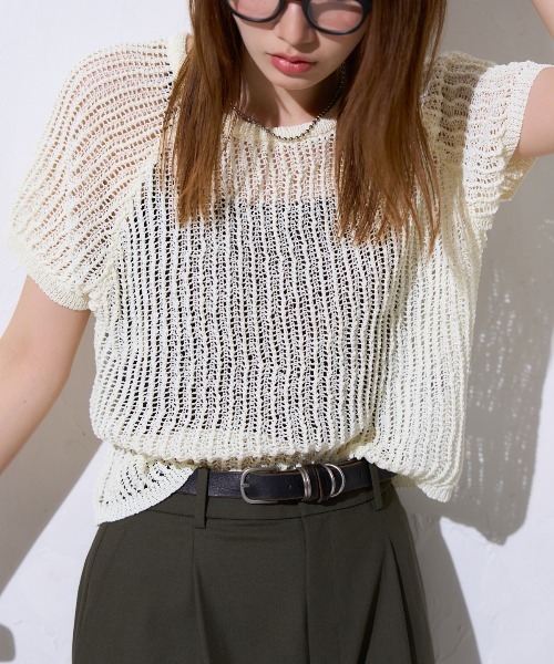 TRIANGLE PALETTE(トライアングルパレット)の「半袖透かし編みニット(Tシャツ/カットソー・レディース・ブラック/ライトグリーン/ブラウン/ホワイト/ネイビー・FREE)」の19枚目の写真