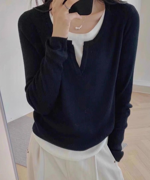 LADY LIKE（レディライク）の「レイヤード風スリットネックカットTシャツ（Tシャツ/カットソー・レディース・ネイビー/グレー/ブラック・M）」の7枚目の写真