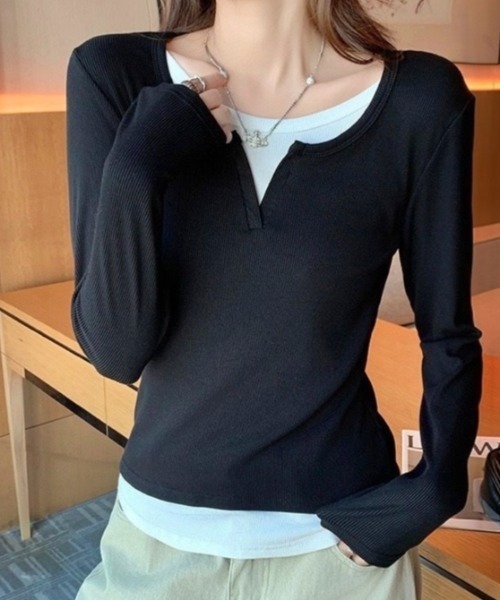 LADY LIKE（レディライク）の「レイヤード風スリットネックカットTシャツ（Tシャツ/カットソー・レディース・ネイビー/グレー/ブラック・M）」の22枚目の写真
