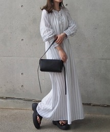 stripe volume sleeve long dress /ストライプ柄 ノーカラー ボリュームスリーブ ロングワンピース