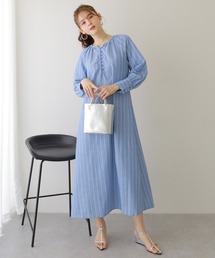 stripe volume sleeve long dress /ストライプ柄 ノーカラー ボリュームスリーブ ロングワンピース