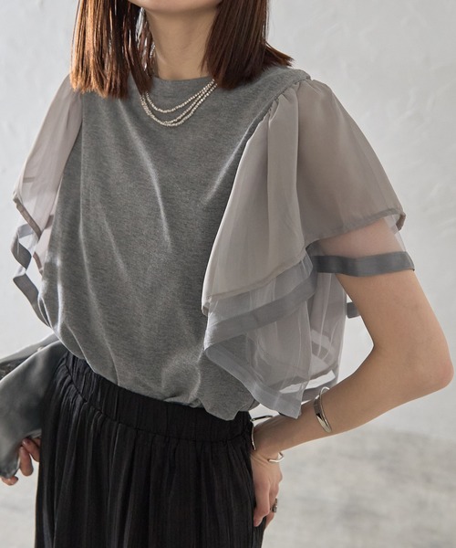 each(イーチ)の「フレアスリーブ異素材切替半袖Tシャツ(Tシャツ/カットソー・レディース・ブラック/ホワイト/グレー・FREE)」の1枚目の写真