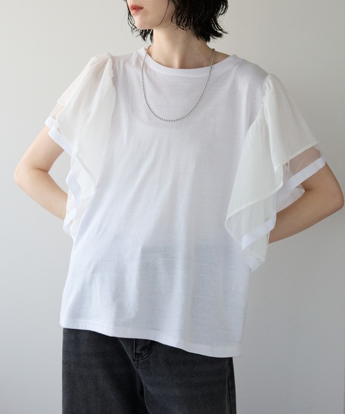 each(イーチ)の「フレアスリーブ異素材切替半袖Tシャツ(Tシャツ/カットソー・レディース・ブラック/ホワイト/グレー・FREE)」の2枚目の写真