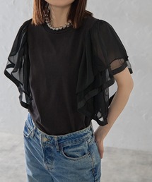 フレアスリーブ異素材切替半袖Tシャツ