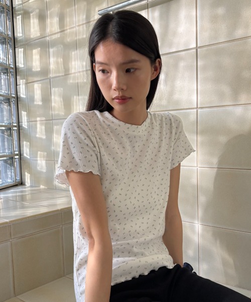 FUULLY STUDIO(フーリィーステューディオ)の「フラワープリントコンパクトTシャツ(Tシャツ/カットソー・レディース・ベージュ/ブルー・FREE)」の8枚目の写真