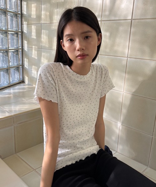 FUULLY STUDIO(フーリィーステューディオ)の「フラワープリントコンパクトTシャツ(Tシャツ/カットソー・レディース・ベージュ/ブルー・FREE)」の9枚目の写真