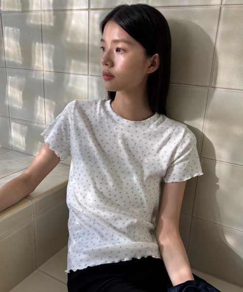FUULLY STUDIO(フーリィーステューディオ)の「フラワープリントコンパクトTシャツ(Tシャツ/カットソー・レディース・ベージュ/ブルー・FREE)」の10枚目の写真