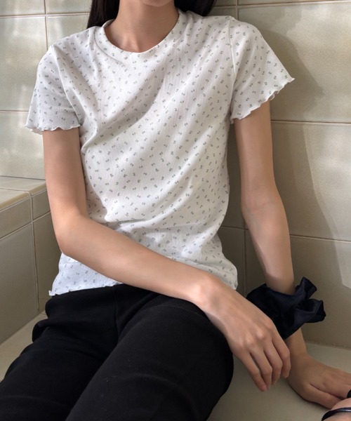 FUULLY STUDIO(フーリィーステューディオ)の「フラワープリントコンパクトTシャツ(Tシャツ/カットソー・レディース・ベージュ/ブルー・FREE)」の13枚目の写真