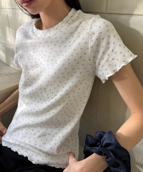 FUULLY STUDIO(フーリィーステューディオ)の「フラワープリントコンパクトTシャツ(Tシャツ/カットソー・レディース・ベージュ/ブルー・FREE)」の14枚目の写真