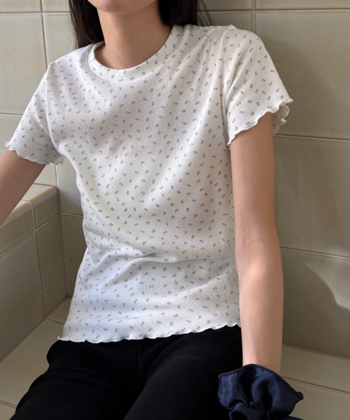 FUULLY STUDIO(フーリィーステューディオ)の「フラワープリントコンパクトTシャツ(Tシャツ/カットソー・レディース・ベージュ/ブルー・FREE)」の15枚目の写真