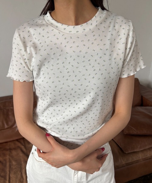 FUULLY STUDIO(フーリィーステューディオ)の「フラワープリントコンパクトTシャツ(Tシャツ/カットソー・レディース・ベージュ/ブルー・FREE)」の16枚目の写真