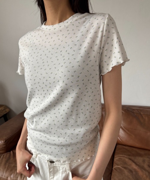 FUULLY STUDIO(フーリィーステューディオ)の「フラワープリントコンパクトTシャツ(Tシャツ/カットソー・レディース・ベージュ/ブルー・FREE)」の17枚目の写真