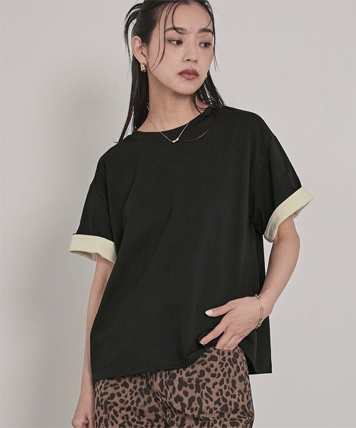 miette(ミエット)の「配色ロールアップTシャツ(Tシャツ/カットソー・レディース・ネイビー/オフホワイト/ホワイト系その他/ブラック・FREE)」の20枚目の写真