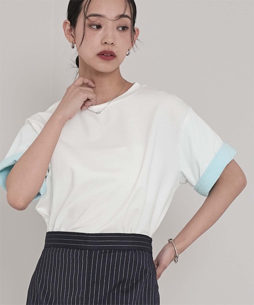 miette(ミエット)の「配色ロールアップTシャツ(Tシャツ/カットソー・レディース・ネイビー/オフホワイト/ホワイト系その他/ブラック・FREE)」の6枚目の写真