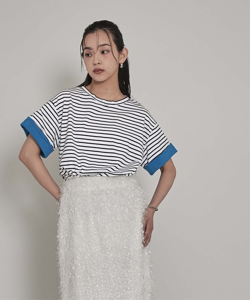 miette(ミエット)の「配色ロールアップTシャツ(Tシャツ/カットソー・レディース・ネイビー/オフホワイト/ホワイト系その他/ブラック・FREE)」の14枚目の写真