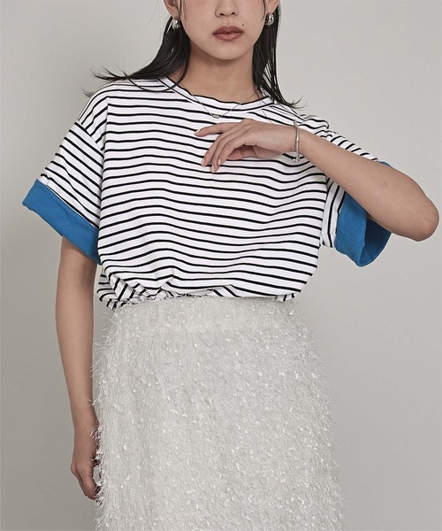 miette(ミエット)の「配色ロールアップTシャツ(Tシャツ/カットソー・レディース・ネイビー/オフホワイト/ホワイト系その他/ブラック・FREE)」の15枚目の写真
