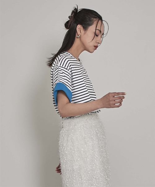 miette(ミエット)の「配色ロールアップTシャツ(Tシャツ/カットソー・レディース・ネイビー/オフホワイト/ホワイト系その他/ブラック・FREE)」の16枚目の写真