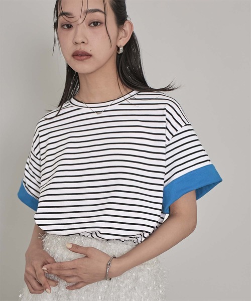 miette(ミエット)の「配色ロールアップTシャツ(Tシャツ/カットソー・レディース・ネイビー/オフホワイト/ホワイト系その他/ブラック・FREE)」の17枚目の写真