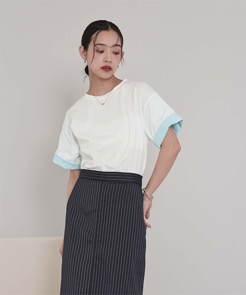 miette(ミエット)の「配色ロールアップTシャツ(Tシャツ/カットソー・レディース・ネイビー/オフホワイト/ホワイト系その他/ブラック・FREE)」の9枚目の写真