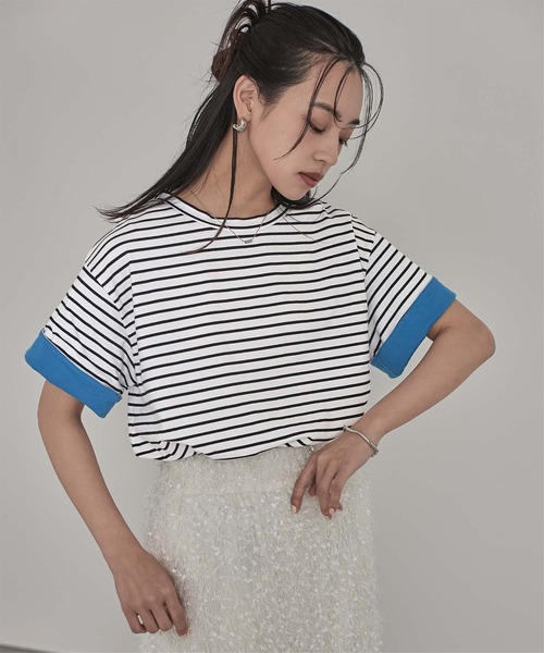 miette(ミエット)の「配色ロールアップTシャツ(Tシャツ/カットソー・レディース・ネイビー/オフホワイト/ホワイト系その他/ブラック・FREE)」の13枚目の写真