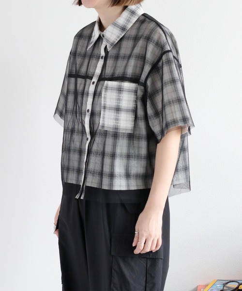セール】シースルー重ねレイヤードチェックシャツ（シャツ