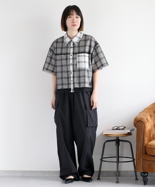 セール】シースルー重ねレイヤードチェックシャツ（シャツ