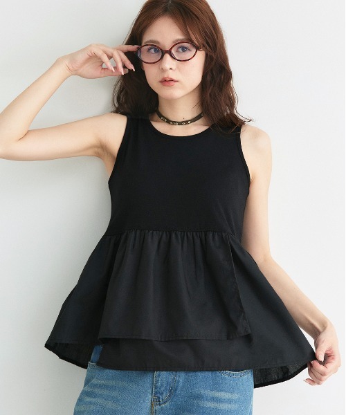 ad thie（アドティエ）の「アシメギャザー切り替え タンクトップ（タンクトップ・レディース・オフホワイト/ブラック・FREE）」の2枚目の写真