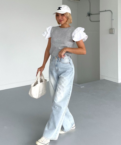 ホワイト フリル袖 Tシャツ セットアップ ホワイト フリル袖 Tシャツ セットアップ 2Wayラッフルフリル