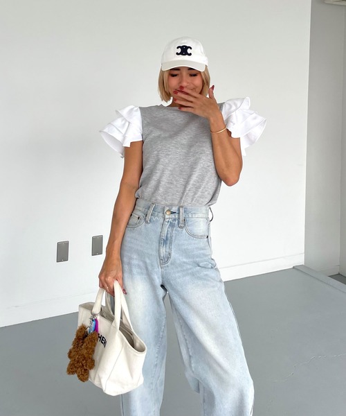 tシャツ 袖フリルフェアリートップス レディース セール】袖フリルフェアリートップス（Tシャツ/カットソー