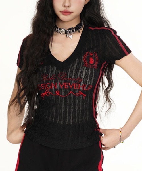 セール】ライン入りVネックレーストップス（Tシャツ/カットソー