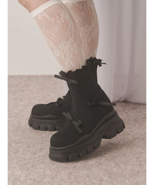 merry jenny（メリージェニー）の「ribbon ribbonニットブーツ（ブーツ・レディース・ブラック/ベージュ・LARGE/MEDIUM）」の4枚目の写真