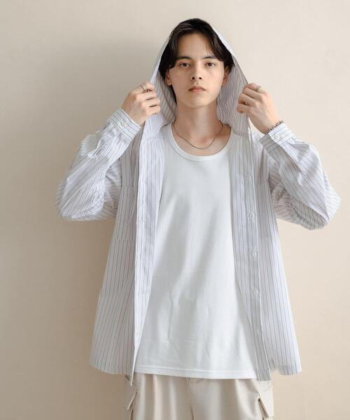 SENSE OF PLACE by URBAN RESEARCH（センスオブプレイスバイアーバンリサーチ）の「ストライプフーディールーズシャツ（シャツ/ブラウス・メンズ・ブルー/ホワイト・MEDIUM/LARGE）」の4枚目の写真