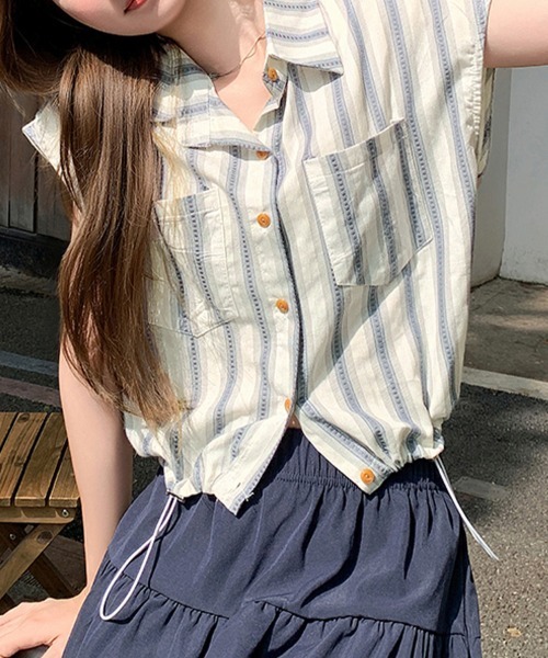 Doux Belle（ドゥーベル）の「ストライプ柄ドローストリングシャツ（シャツ/ブラウス・レディース・ライトブルー/ダークブルー・MEDIUM）」の9枚目の写真