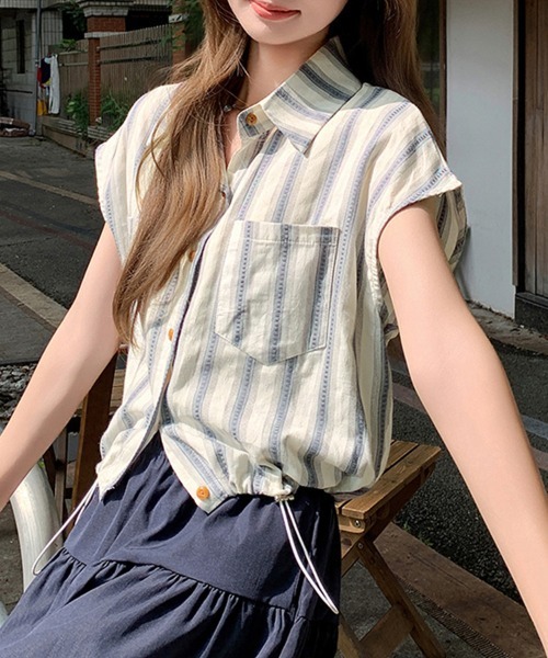 Doux Belle（ドゥーベル）の「ストライプ柄ドローストリングシャツ（シャツ/ブラウス・レディース・ライトブルー/ダークブルー・MEDIUM）」の10枚目の写真