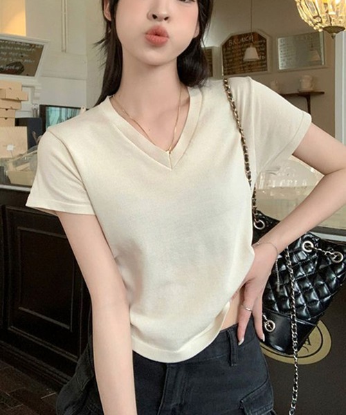 STYLEBLOCK（スタイルブロック）の「Vネックトップス（Tシャツ/カットソー・レディース・カーキ/グレー/ピンク/ホワイト/ベージュ系その他/ブラック/グリーン・FREE）」の4枚目の写真