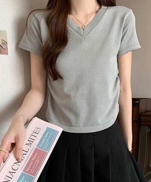 STYLEBLOCK（スタイルブロック）の「Vネックトップス（Tシャツ/カットソー・レディース・カーキ/グレー/ピンク/ホワイト/ベージュ系その他/ブラック/グリーン・FREE）」の3枚目の写真