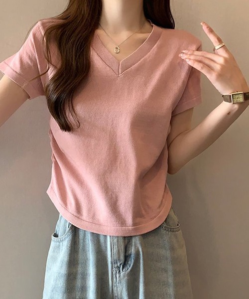 STYLEBLOCK（スタイルブロック）の「Vネックトップス（Tシャツ/カットソー・レディース・カーキ/グレー/ピンク/ホワイト/ベージュ系その他/ブラック/グリーン・FREE）」の7枚目の写真