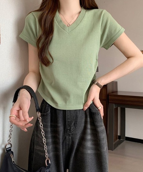 STYLEBLOCK（スタイルブロック）の「Vネックトップス（Tシャツ/カットソー・レディース・カーキ/グレー/ピンク/ホワイト/ベージュ系その他/ブラック/グリーン・FREE）」の6枚目の写真